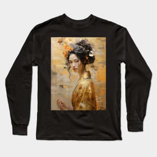 Japanese Girl in Gold Kimono With Flowers in Her Hair Long Sleeve T-Shirt